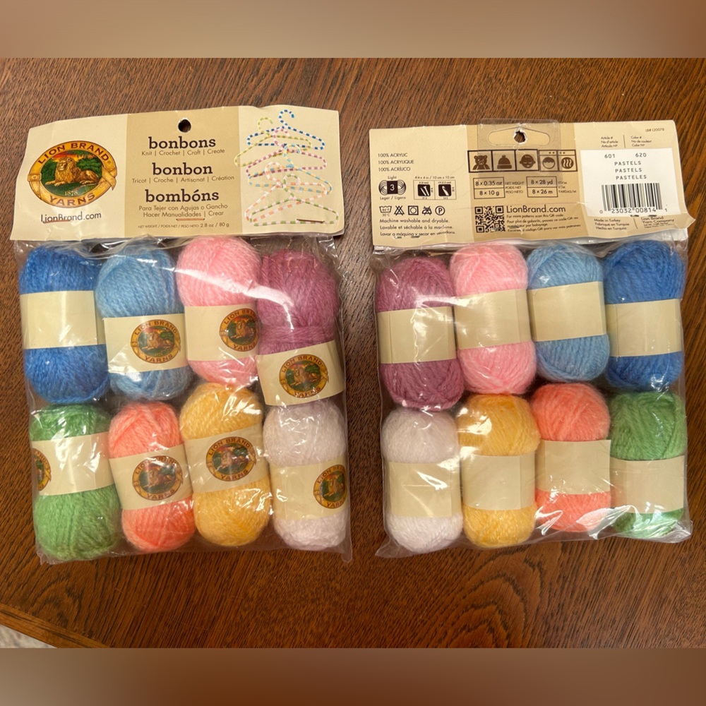 Two 8packs=16. .35oz each (each 38 yds) LionBrand Bonbons multicolor pastel yarn